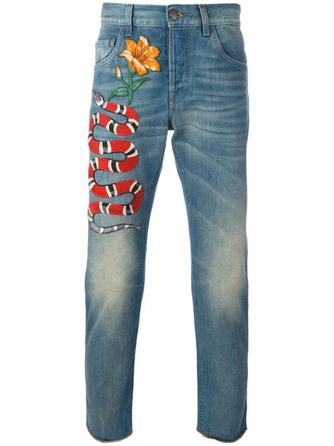 gucci gucci snake embroidered jeans|Gucci snake jeans men.